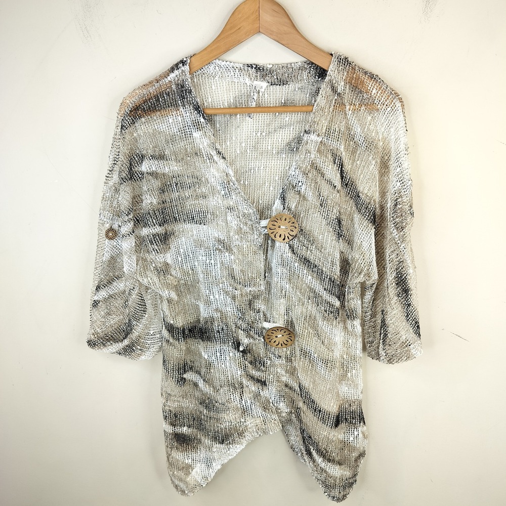 Lulu B Open Knit Cardigan Womens‎ Small Chunky Buttons Boho Artsy Neutral Brown